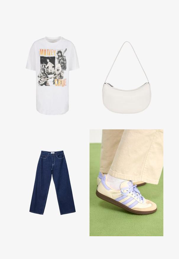 White cotton T-shirt featuring a vintage black-and-white design with four musicians and orange text spelling "MÖTLEY CRÜE." Relaxed fit.; Wide-leg dark blue denim jeans with a button closure, five pockets, and contrasting white stitching. The fabric has a smooth, slightly textured finish.; Cream and lavender sneakers with three stripes and a textured brown sole, featuring laces and a padded heel. Soft fabric upper.; PULL&BEAR HALF MOON - Handbag - white