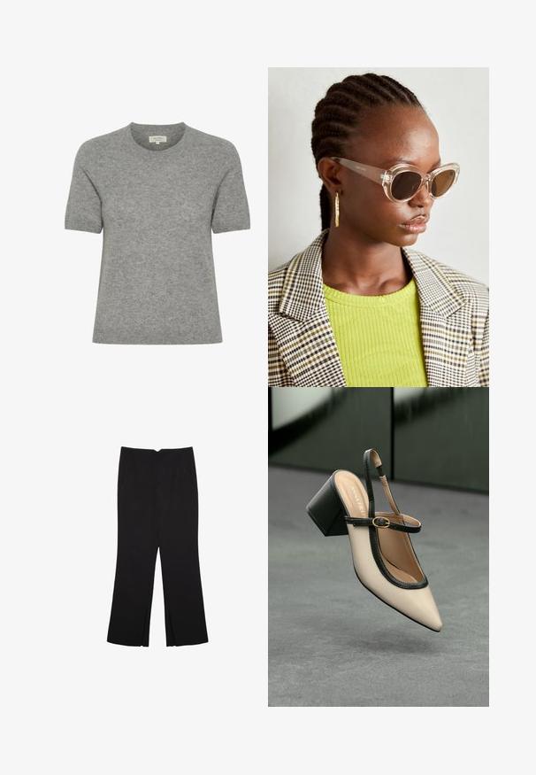 Harmaa lyhythihainen neuletunika, joka on valmistettu pehmeästä neulemateriaalista. Pyöreä pääntie ja minimalistinen muotoilu. Saumattomat, siistit reunat luovat tyylikkään ilmeen.; Mustat housut suoralinjaisella leikkauksella, joissa on etutaskut ja sivurei'ät helman alla. Valmistettu pehmeästä ja sileästä kankaasta. Sopii eri tilaisuuksiin.; Beige slingback-kengät, joissa on musta reuna, kultahakas, ja paksu lohkoheel, harmaalla lattialla tummanvihreää taustaa vasten.; Selkeät kissamaiset aurinkolasit ruskeilla linsseillä ja kirkkailla kehyksillä. Mallilla on yllä vihreä ribattu paita ja ruudullinen bleiseri. Kultaiset renkaita korvakorut.; Ruskea nahkainen olkalaukku, jossa on sileä rakenne, pyöreä muoto, leveä hihna ja pyöreä metallikoriste kahvassa.