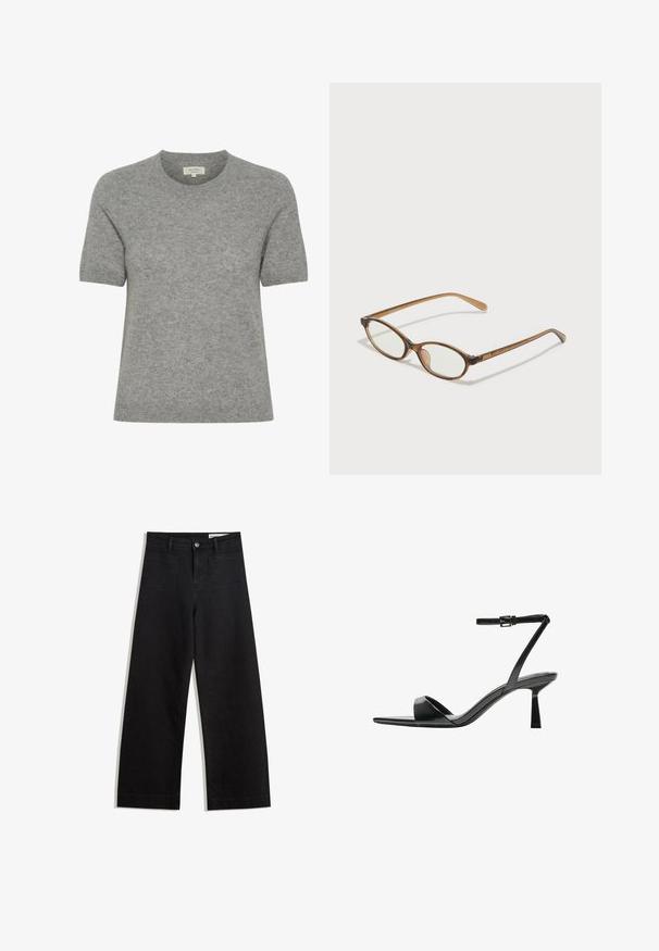 Pulover gri cu mânecă scurtă, realizat dintr-un material tricotat moale, cu guler rotund și un design minimalist. Margini netede, fără cusături, pentru un aspect elegant.; Pantaloni din denim negri cu picioare largi, cu talie înaltă, având buzunare frontale și posterioare, cusături dublate și închidere cu nasture. Textură netedă.; Bershka Sandale cu toc - black; Ochelari în nuanță de țestoasă maro, cu lentile ovale, brațe subțiri și accente transparente. Prezintă un logo subtil pe tâmplă. Design elegant și ușor.; Geantă din piele maro, tip crossbody, cu o formă curbată, accesorii aurii și un accent cu cataramă. Dispune de un curea de umăr detașabilă.
