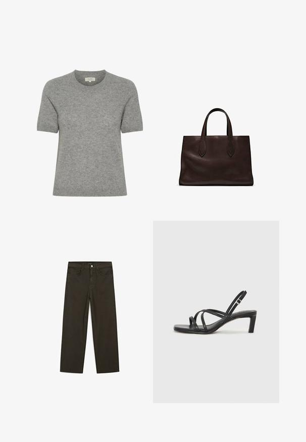 Grå kortærmet sweater lavet af blødt strikket materiale med rund halsudskæring og minimalistisk design. Uden sømme, rene kanter for et stilrent look.; Mørkegrønne brede jeans lavet af en bomuldsblanding, med en frontlukning med knap, fem lommer og klassisk denim-syning.; Sort remsandale med firkantet tå og en lav blokeret hæl. Har flere tynde stropper og en justerbar ankelrem. Fremstillet af glat læder.; Brun læder tote bag med to forlængede håndtag, struktureret rektangulær form, glat overflade og subtile syninger.