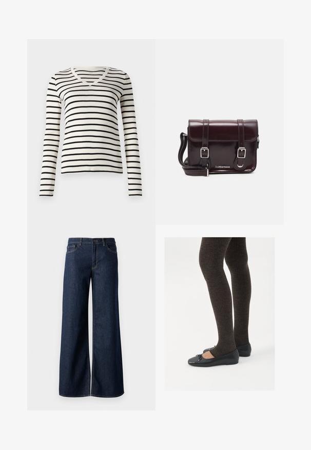 Sort-hvid stribet langærmet V-hals sweater lavet af blødt stof, med jævne vandrette striber og en tætsiddende pasform.; Bredde ben jeans i mørkeblå denim. Har kontrastsyninger, fem lommer og en knaplukning i taljen. Glat tekstur.; Sorte flade sko med en lille sløjfedetalje ved tåen, parret med mørkebrune ribbede strømpebukser. Skoene har en glat overflade og lav profil.; Burgunderfarvet patentlæder crossover taske med rektangulær form, to remme, sølv hardware og flaplukning.