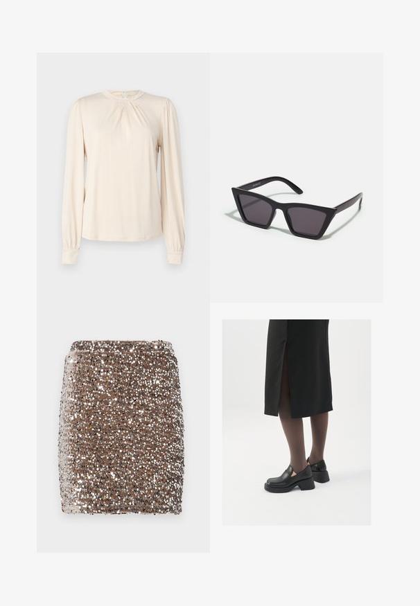 Blusa a maniche lunghe color beige chiaro con scollatura rotonda, pieghe sul davanti e maniche arricciate. Tessuto morbido e liscio con design minimal.; Mini gonna marrone in paillettes con un design aderente, coperta di paillettes argentate riflettenti, che creano un effetto testurizzato e scintillante.; Scarpe in pelle nera con punta arrotondata, tacco spesso a blocco e accenti laterali in elastico, abbinate a collant scuri e una gonna nera con uno spacco.; Occhiali da sole neri e angolari con lenti grigie; realizzati in plastica, con aste spesse dalla superficie liscia e senza hardware visibile.