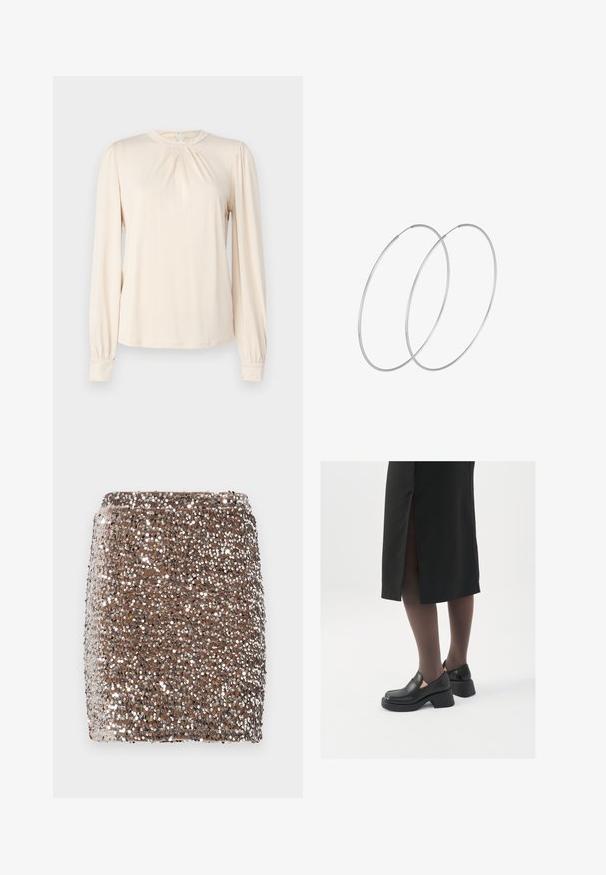 Soe degradeeritud kreemika värvi pikaaelise varrukaga pluus, millel on ümar kaelus, voldid ees ja gathered varrukad. Pehme, siledat kangast, minimaalne disain.; Pruunist litridest miniseelik, millel on toetav disain ja mis on kaetud peegelduvate hõbedaste litritega, luues tekstuurse ja sädeleva efekti.; Mustad mustad jalatsid ümmarguse varbaga, paksu plokkniidi ja elastsete külgdetailidega, kombineeritud tumedate sukkade ja musta lõhikuga seelikuga.; Hõbedased rõngastikkaehingad minimalistlikus disainis. Ümar kuju, sile tekstuur ja õhuke profiil. Kerged ning poleeritud viimistlusega.