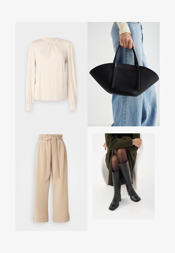 Lys beige langermet bluse med rund hals, folder foran og rynkete ermer. Myk, glatt stoff med minimalistisk design.; Beige vide bukser med belte i midjen, laget av teksturert stoff. Har en frontfold og en jevn finish langs kanten.; Knæhøye sorte lærstøvler med firkantet tå og blokkhelt, vist med en modell som sitter iført en olivengrønn kåpe. Glatt tekstur, minimal detaljering.; Svart skinnveske med en unik vifteform, med flate håndtak. Overflaten har en pebblelignende tekstur og et minimalistisk design.