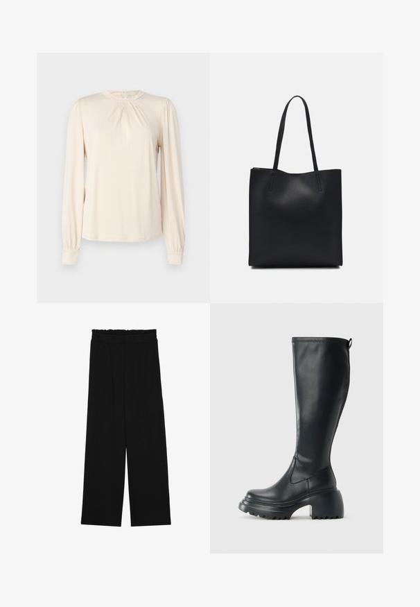 Blusa de mangas longas em bege claro com decote arredondado, pregas na frente e mangas gather. Tecido suave e liso com design minimalista.; Calças largas pretas com um cinto franzido, apresentando dois bolsos laterais e um tecido suave e leve. Sem padrões ou ferragens visíveis.; Bota preta de couro alta com sola de plataforma robusta e salto bloco, apresentando puxador e padrão texturizado na sola.; Bolsa tote preta em couro com textura lisa, forma retangular e duas alças longas. Sem hardware ou enfeites visíveis.