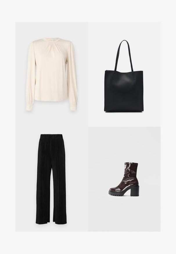 Šviesiai beige ilgos rankovės bluzonas su apvaliu iškirpimu, raukšlėmis priekyje ir surinktomis rankovėmis. Minkšta, švelni medžiaga su minimaliais dizaino akcentais.; Juodi plisuoti kelnės su elastine juosta. Turėkite plačias kojas ir glotnų, tekstūrinį audinį su vertikaliais dryžiais.; Blizgus burgundių spalvos kulknapis su tankiu juodu kulnu, pasižymintis lygiu paviršiumi ir paprastu dizainu. Nėra matomų užsegimų ar raštų.; Juodas odinis tote krepšys su lygia tekstūra, stačiakampio formos ir dviem ilgais rankenomis. Matomų metalinių detalių ar puošybos nėra.