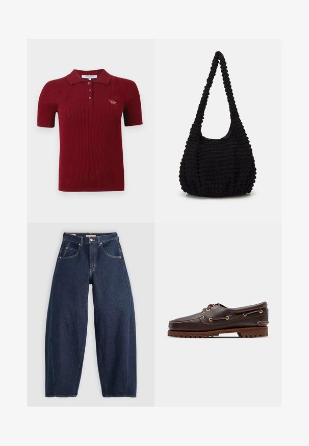 Sarkans ribots polo krekls ar trīs pogu aizdari un īsām piedurknēm. Izceļas ar mazu logo uz krūšu un klasisku apkakli.; Tumši zili denim džinsi ar brīvu piegriezumu, gaišiem šuvumiem, piecām kabatām un pogu aizdari jostasvietā.; Brūni ādas laivu zābaki ar zeltītām acīm, apaļām šņorēm un rakstainu brūnu gumijas zoli. Iekļauj izšūtas detaļas un paaugstinātu logo.; Melna teksturēta auduma soma ar vienu vērstu siksnu, kam raksturīga pūkaina forma un krokotu virsmas dizains.