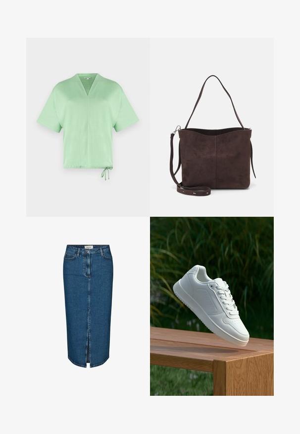 Kurzärmliges, V-Ausschnitt-Oberteil aus leichtem grünem Stoff. Verfügt über einen Kordelzug am Saum für eine verstellbare Passform. Weiche Textur mit minimalistischem Design.; Dunkelblauer Denim-Bleistiftrock mit einem Schlitz vorne, fünf Taschen und kontrastierenden Nähten. Mittlere Taillenhöhe mit klassischem Design.; Weiße Sneaker mit einem glatten, synthetischen Obermaterial, perforierter Zehenbox, flachen Schnürsenkeln und einer strukturierten Sohle, präsentiert auf einer Holzoberfläche.; Braune Wildleder-Tasche mit weicher Textur, ausgestattet mit einem einzelnen Schulterriemen und einer dezenten, gewölbten Öffnung an der Oberseite. Keine sichtbaren Beschläge.