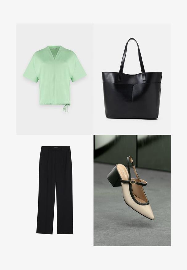 Top de manga corta y cuello en V en tejido verde claro. Cuenta con un cordón en el dobladillo para un ajuste ajustable. Textura suave con un diseño minimalista.; Pantalones negros con un diseño de pierna recta, que cuentan con dos bolsillos frontales y una cinturilla. Fabricados con una tela suave y ligera.; Zapato slingback de punta beige con ribete negro, hebilla dorada y un tacón cuadrado grueso sobre un suelo gris con fondo verde oscuro.; Bolso tote de cuero negro con dos asas largas, textura suave y forma estructurada. Cuenta con un bolsillo frontal para almacenamiento adicional.