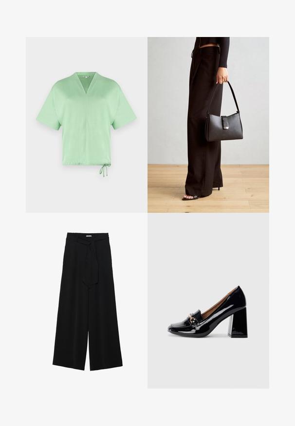 Kratak rukav, majica s V-izrezom u svijetlozelenoj tkanini. Ima žicu na rubu za prilagodljivo postavljanje. Mekana tekstura s minimalnim dizajnom.; Črne široke hlače iz teksturirane tkanine, z elastičnim pasom in odstranljivim trakom na pasu za prilagodljivo prileganje.; Črne patent usnjene čeveljce s peto, ošiljenim nosom in blok peto. Imajo dekorativno zanko in zaponko na sprednjem delu.; Črna torbica z strukturirano obliko, gladko teksturo in kovinskim zaponko. Ujemajo se z širokimi črnimi hlačami in odprtimi sandali na lesenem tleh.