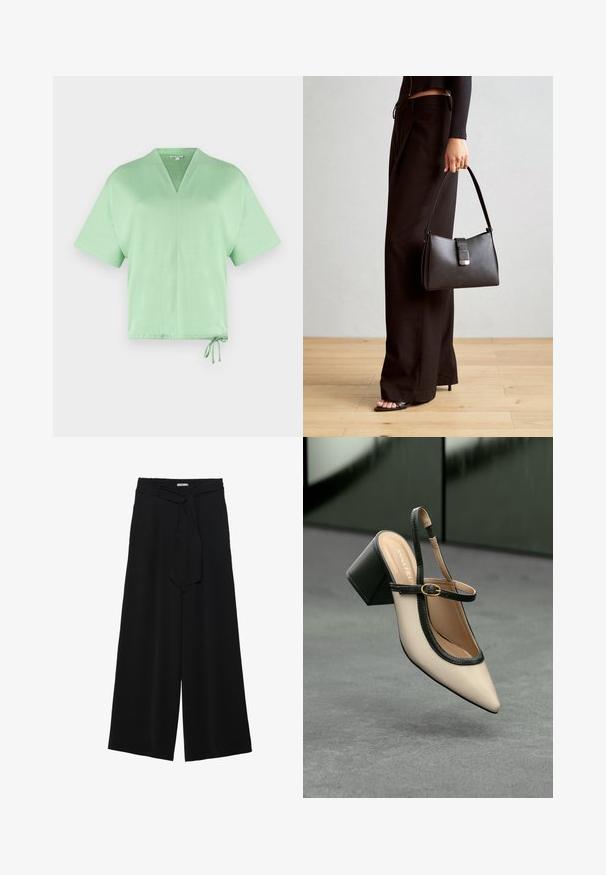 Korte mouwen, V-hals top in lichtgroene stof. Voorzien van een trekkoord aan de zoom voor een verstelbare pasvorm. Zacht van textuur met een minimaal ontwerp.; Zwarte wijde broek van textuurstof, met een elastische tailleband en een afneembare sjaalstrik in de taille voor een verstelbare pasvorm.; Beige puntige slingback schoen met zwarte rand, gouden gesp en een chunky blokhak op een grijze vloer met een donker groene achtergrond.; Zwarte handtas met gestructureerde vorm, gladde textuur en een metalen sluiting. Gecombineerd met brede zwarte broeken en sandalen met open teen op een houten vloer.