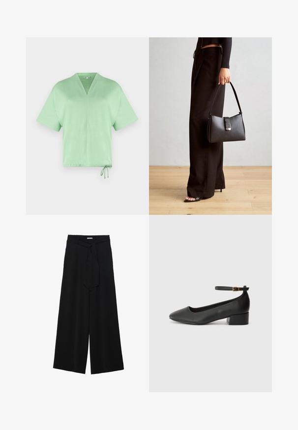 Top a maniche corte, con scollo a V, in tessuto verde chiaro. Presenta un cordino all'orlo per una vestibilità regolabile. Tessuto morbido con un design minimale.; Pantaloni neri a gamba larga caratterizzati da un tessuto testurizzato, una vita elastica e una cintura staccabile per una vestibilità regolabile.; Pump in pelle nera con punta affusolata e tacco basso a blocco. Presenta una cinghia alla caviglia con una fibbia in tonalità oro. Texture liscia.; Borsa nera con forma strutturata, texture liscia e una chiusura metallica. Abbinata a pantaloni neri larghi e sandali open-toe su un pavimento in legno.