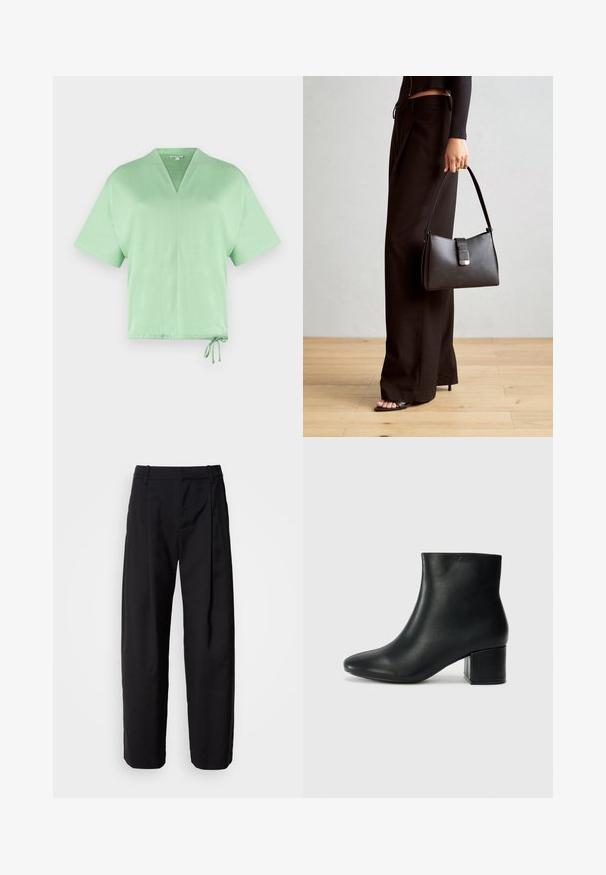 Camiseta de manga curta, com decote em V, em tecido verde claro. Apresenta um cordão na bainha para ajuste personalizável. Textura suave com design minimalista.; Calças pretas com um corte descontraído, frente plissada e passadores para cinto. Tecido suave e pernas retas, com bolsos laterais.; Botas de tornozelo em pele preta com bico pontiagudo e um salto robusto. Textura suave com acentos mínimos e um design ajustado e elegante.; Bolsa preta com forma estruturada, textura suave e um fecho metálico. Combinada com calças largas pretas e sandálias de salto aberto sobre um chão de madeira.