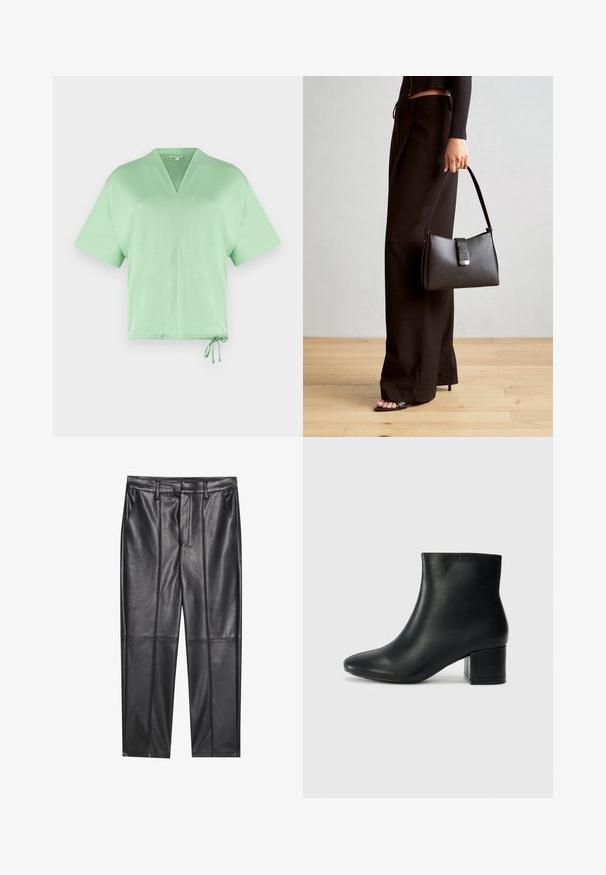 Majica kratkih rukava s V-izrezom od svijetlozelene tkanine. Ima šnalu na rubu za prilagodljivost. Mekana tekstura s minimalnim dizajnom.; Crne kožne hlače s glatkom teksturom, ravnog kroja, s dva prednja džepa i vidljivim šavovima.; Crne kožne čizme do članaka s uskim vrhom i debelim potplatom. Glatka tekstura s minimalnim detaljima i elegantan, prilagođen dizajn.; Crna torba s oblikom koji sadrži strukturu, glađu teksturu i metalnu kopču. Uparena s širokim crnim hlačama i sandalama na otvorenom s drvenog poda.