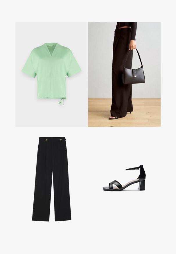 Top a maniche corte, con scollo a V, in tessuto verde chiaro. Presenta un cordino all'orlo per una vestibilità regolabile. Tessuto morbido con un design minimale.; Pantaloni neri a gamba larga con vita alta, dettagli con bottoni in vita e pieghe frontali.; Sandalo con tacco aperto nero, con cinturini incrociati, fibbia regolabile alla caviglia e tacco spesso, con una texture in pelle liscia.; Borsa nera con forma strutturata, texture liscia e una chiusura metallica. Abbinata a pantaloni neri larghi e sandali open-toe su un pavimento in legno.