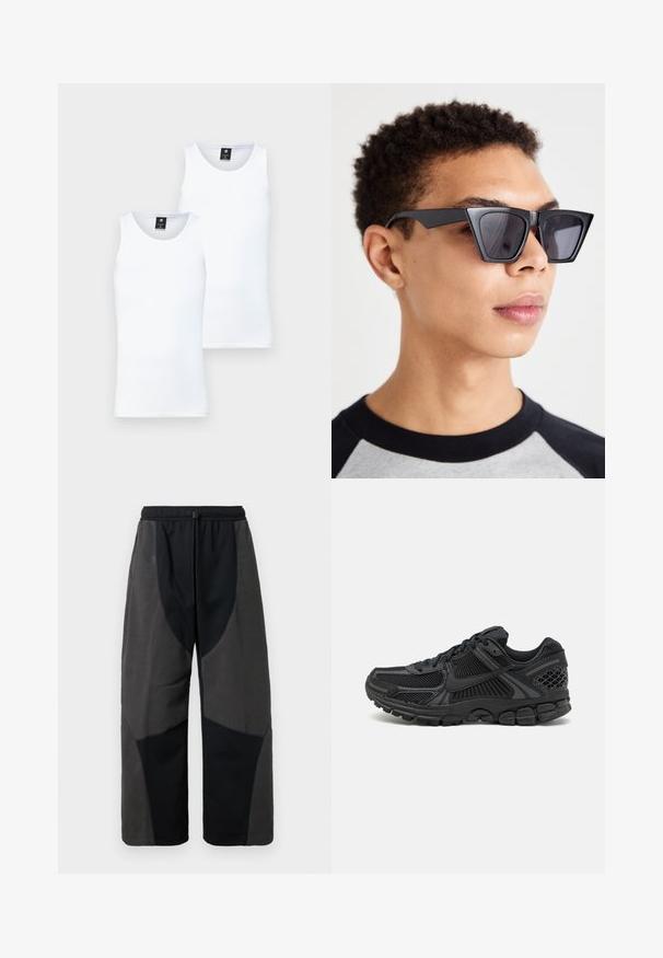 Dve bele brezrokavne majice iz mehkega, lahkotnega materiala. Imajo okroglo izreza in čist, preprost dizajn.; Črne hlače z mehkim flisom in sproščenim krojem, ki imajo kontrastne temno sivo obarvane tkaninske panele ter nastavljiv pas z vrvico.; Črne športne čevlje z mrežasto zgornjico, gumijastim podplatom in teksturiranimi detajli. Oblikovanje vključuje izstopajoč sistem vezalk in oblazinjen podplat.; Črne angularne sončna očala s temnimi lečami, ki se ponašajo z drznim geometrijskim dizajnom in mat površino. Nosijo jih oseba s kratkimi lasmi.