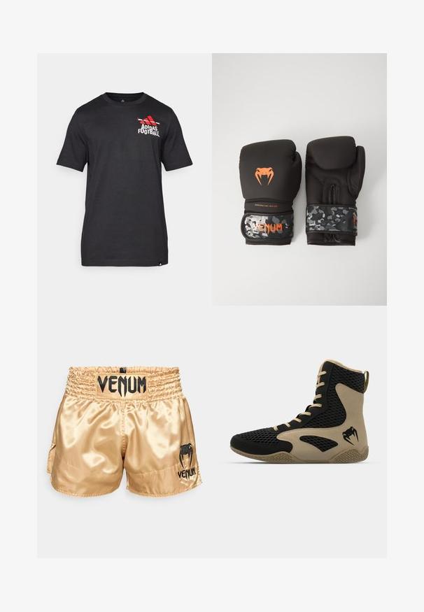 T-shirt preta de manga curta feita de algodão, com um logo vermelho da Adidas e o texto "Futebol" na área do peito esquerdo. Textura suave.; Calças de boxe de cetim dourado com o logótipo preto "VENUM" na cintura e na lateral, apresentando uma textura suave e uma cintura elástica para conforto.; Sapatilha desportiva de cano alto com um exterior em malha preta e detalhes em bege. Sola de borracha texturada e detalhe do logótipo na lateral.; Luvas de boxe pretas com acabamento mate e design ergonómico. Detalhes do logótipo em laranja e tiras de pulso com padrão de camuflagem.