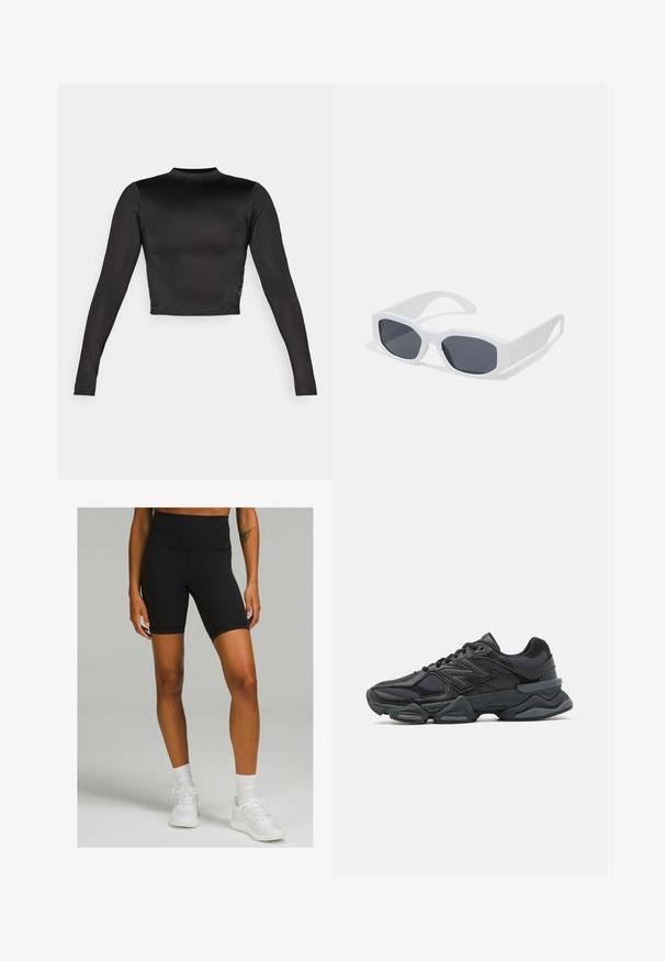 Top negru, scurt, cu mânecă lungă, realizat dintr-un material neted și elastic. Are un guler înalt și detalii subtile de cusătură.; Colanți negri cu talie înaltă, dintr-un material elastic, cu o croială ajustată și lungime până la mijlocul coapsei, asortați cu pantofi sport albi și șosete.; Pantofari de alergare negri, cu un amestec de plasă și materiale sintetice, talpă masivă, design curbat și branding proeminent pe lateral.; Ochelari de soare dreptunghiulari albi, cu lentile închise la culoare, finisaj mat neted și brațe groase cu un design unghiular.