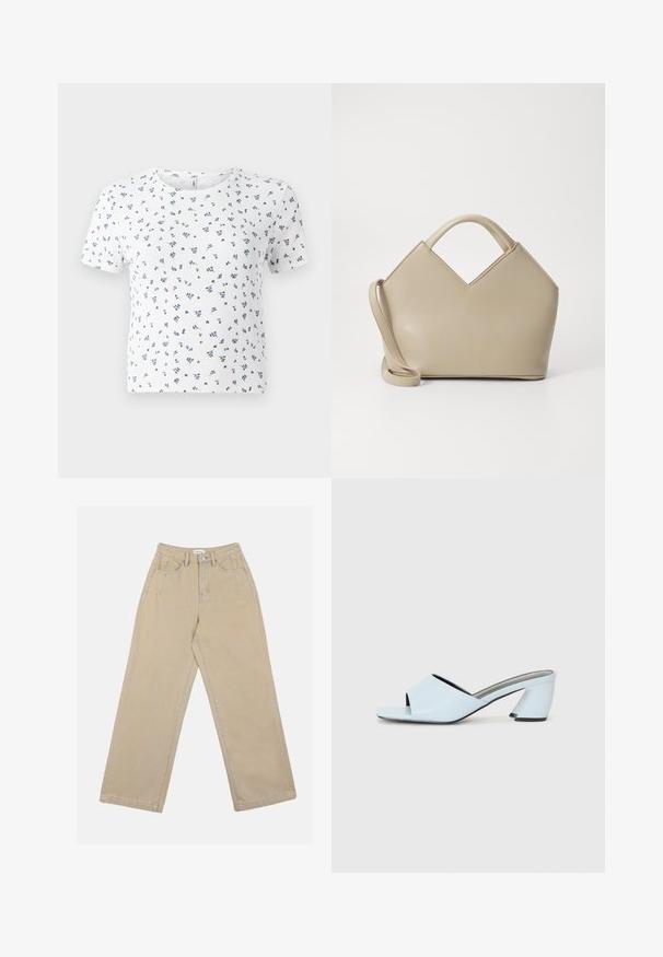 Valge lühikese varrukaga T-särk, millel on ribakujuline tekstuur ja sinise ja rohelise lillemuster. Ümmargune kaelus ja mugav lõige.; Bežid laiad püksid, mis on valmistatud denimist, kõrge vöökoha, ees olevate taskute ja kontrastsete õmblustega. Kujunduses on ka nupplukke.; Heledad heles sinine avatud varvaga, geomeetrilise disainiga, laia rihmaga jala kohal ja nurga all oleva paksu kontsaga.; Beež struktuurne käekott V-kujuga ülaosaga, sile nahkmaterjal, lühikesed sangad ja pikk reguleeritav rihm. Minimalistlik disain.