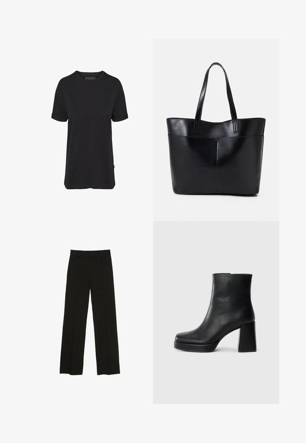 Črna bombažna majica s kratkimi rokavi, okroglim izrezom in zavihanimi manšeti; na bočnem robu ima diskreten oznako blagovne znamke.; Črne široke hlače iz gladkega materiala, z oprsnikom in diskretnimi sprednjimi plisami za dodano teksturo.; Črne usnjene gležnjarje z blok peto in platformo, prikazane s strani na enobarvni beli podlagi.; Črna usnjena torba z dvema dolgima ročajema, gladko teksturo in strukturirano obliko. Ima sprednji žep za dodatno shranjevanje.