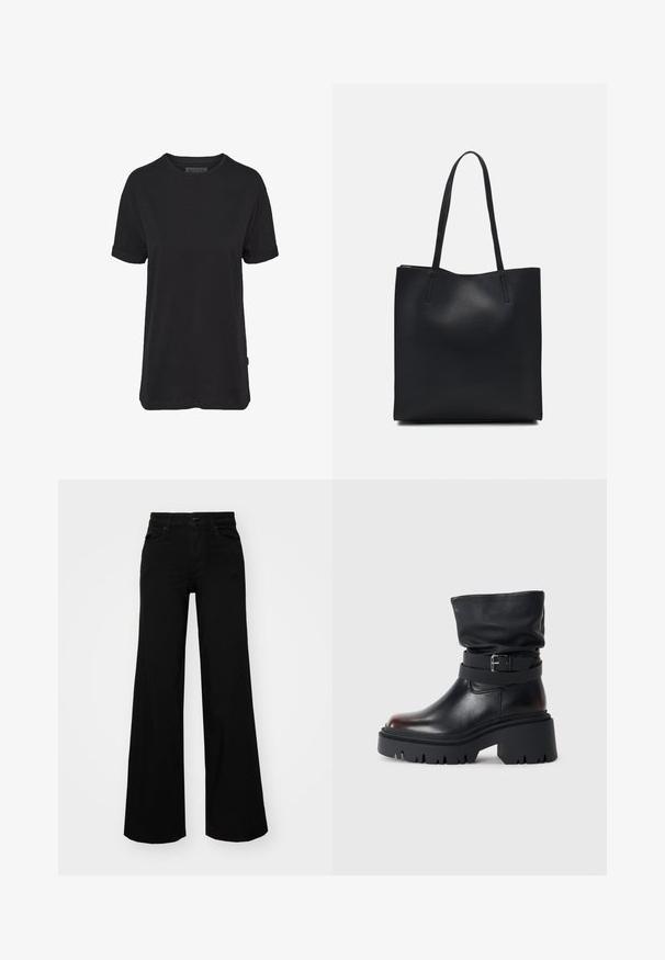 Čierne bavlnené tričko s krátkymi rukávmi, okrúhlym výstrihom a zrolovanými manžetami; na bočnom leme sa nachádza nenápadná značka.; Čierne široké nohavice z denimu s pevným pásom, pútkami na opasok a prednými vreckami. Hladká štruktúra s klasickým dizajnom.; Čierne kožené členkové čižmy s voľnou hornou časťou, detailom s prackou a hrubou, robustnou podrážkou. Majú okrúhlu špičku a hladkú textúru.; Čierna kožená taška na rameno s hladkým povrchom, obdĺžnikovým tvarom a dvoma dlhými uchami. Bez viditeľného kovania alebo ozdôb.