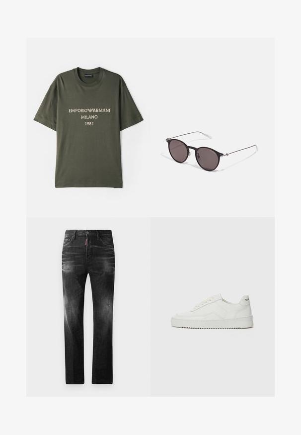 T-shirt de algodão verde-oliva com mangas curtas, apresentando o logótipo "EMPORIO ARMANI MILANO" e "1981" em fonte clara contrastante.; Jeans de denim preto com um corte reto. Apresentam áreas desbotadas, ligeira degradação, design clássico de cinco bolsos e um fecho de botão.; Sapatilha de couro branco com acabamento suave, bico redondo, atacadores planos e uma sola texturizada. Apresenta um logotipo discreto no calcanhar.; Óculos de sol redondos pretos com lentes escuras e hastes metálicas finas. Inclui pontas de templo transparentes e detalhes em prata na dobradiça. Design minimalista.
