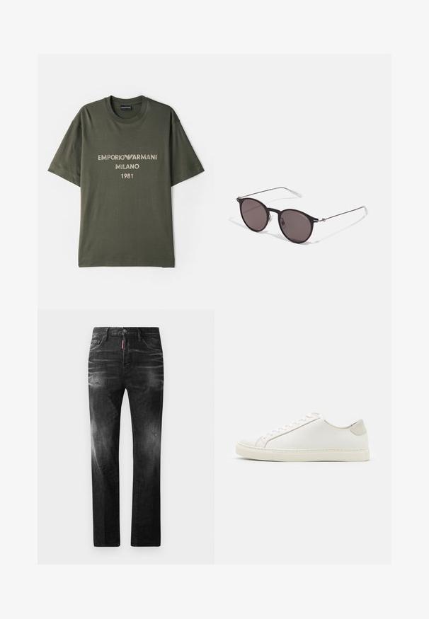 Olīvzaļš kokvilnas T-krekls ar īsām piedurknēm, kuram ir uzdrukāts logo "EMPORIO ARMANI MILANO" un "1981" kontrastējošā gaišā fontā.; Melni džinsi no denima ar taisnu piegriezumu. Iespējas ietver izbalējušas vietas, nelielas nodiluma pazīmes, klasisko piecu kabatu dizainu un pogu aizdari.; Balti ādas sporta apavi ar gludu virsmu, noapaļotu purngala daļu un minimālistisku dizainu. Iezīmējas ar bežām akcentiem uz papēža un gumijas zoli.; Melni apaļi saulesbrilles ar tumšiem lēca un plānām metāla stangām. Iekļautas caurspīdīgas tempļu galviņas un sudraba akcenti pie eņģes. Minimalistisks dizains.