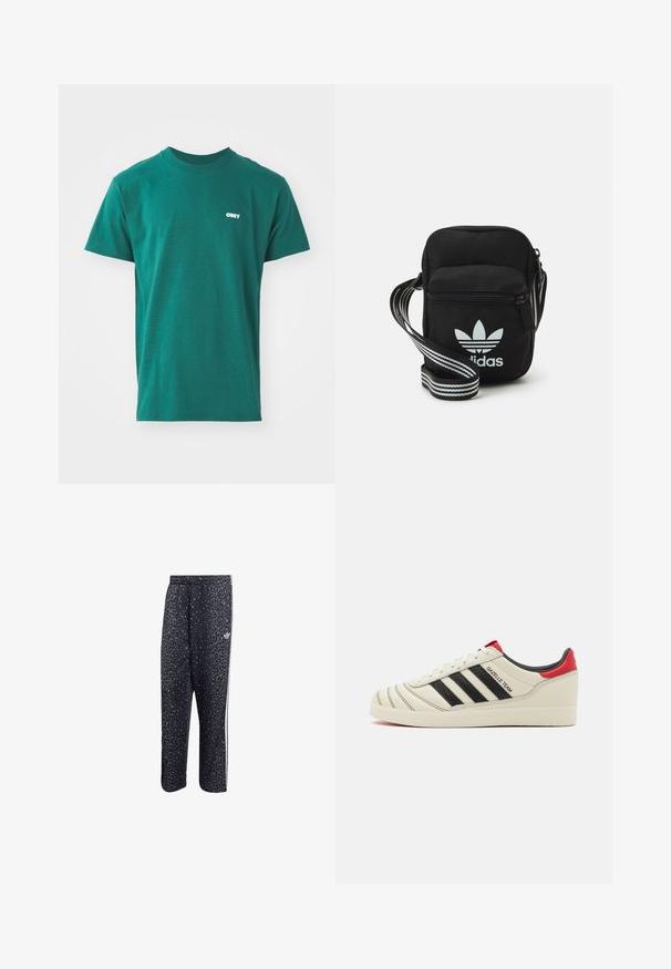 Tricou verde cu mânecă scurtă din bumbac, cu guler rotund și un mic logo alb "OBEY" pe partea stângă a pieptului. Textură netedă, croială clasică.; Pantaloni de sport negri cu un model din leopard, având un design cu trei dungi albe și un logo al brandului sportiv pe lateral.; Tenisi din piele crem cu dungi negre, accente roșii la călcâi și detalii texturate. Au talpă din cauciuc și sistem de închidere cu șiret.; Geantă de umăr din material textil negru, cu închidere cu fermoar, având un logo Adidas alb și o curea ajustabilă cu dungi pentru o transportare ușoară.