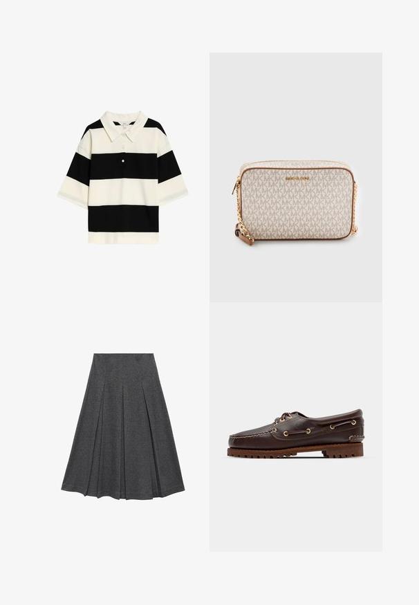 Czarna i biała polo w paski z klasycznym kołnierzem, trzema guzikami i krótkimi rękawami. Miękka tkanina o gładkiej fakturze.; Szara plisowana spódnica o rozszerzającym się kształcie, wykonana z miękkiego materiału. Posiada poziome plisy oraz gładką talię dla dopasowanego wyglądu.; Brązowe skórzane buty w stylu boat shoe z złotymi oczkami, okrągłymi sznurowadłami oraz teksturowaną brązową gumową podeszwą. Zawierają przeszycia i wypukłe logo.; Beżowa torba na ramię wykonana z płótna z powtarzającym się wzorem logo MK, złotymi elementami metalowymi i łańcuszkowym paskiem. Posiada zamek błyskawiczny oraz skórzane akcenty.