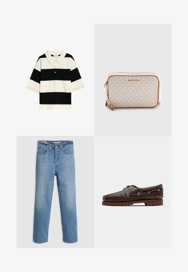 Schwarz-weiße gestreifte Polohemden mit klassischem Kragen, drei Knöpfen und kurzen Ärmeln. Weicher Stoff mit glatter Textur.; Hellblaue gerade geschnittene Jeans aus Denim mit Fronttaschen, Gürtelschlaufen und einem Knopfverschluss auf einem schlichten Hintergrund.; Braune Lederbootsschuhe mit goldenen Ösen, runden Schnürsenkeln und einer strukturierten braunen Gummisohle. Verfügt über genähte Details und ein erhabenes Logo.; Beige Umhängetasche aus Canvas mit einem sich wiederholenden MK-Logo-Muster, goldfarbenen Beschlägen und einem Kettenriemen. Mit Reißverschlussverschluss und Lederakzenten.