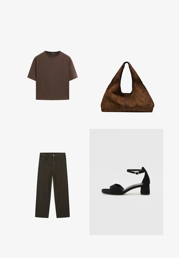 Brązowa bawełniana koszulka, krótki rękaw, okrągły dekolt, luźny fason, gładka tkanina, minimalistyczny design, bez widocznych wzorów czy akcentów.; Ciemnozielone spodnie dżinsowe typu wide-leg wykonane z mieszanki bawełny, z zamkiem na guzik z przodu, pięcioma kieszeniami i klasycznym przeszyciem dżinsowym.; Czarne zamszowe sandały na obcasie z cienkim paskiem wokół kostki, otwartym noskiem i skromnym słupkowym obcasem. Gładka faktura i minimalne akcenty.; Brązowa zamszowa torba na ramię z otwartą górą. Posiada głęboką, szeroką konstrukcję, uchwyt wycięty oraz minimalne przeszycia dla czystego designu.