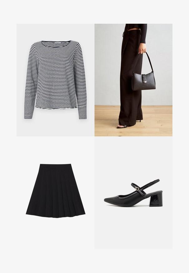 Majica z dolgimi rokavi v mornarsko modri in beli črtasti vzorec, z okroglim vratnim izrezom in sproščenim krojem. Narejena je iz lahke, teksturirane tkanine.; Črna plisirana krila iz strukturiranega materiala s prilegajočim pasom. Segajo do kolen in ponujajo gladko, čisto silhueto.; Črne patentne usnjene salonarce s slingback obliko, s koničastim nosom, zaobljenim izrezom in blok peto. Imajo zlato kovinsko zaponko kot dodatno okrasje.; Črna torbica z strukturirano obliko, gladko teksturo in kovinskim zaponko. Ujemajo se z širokimi črnimi hlačami in odprtimi sandali na lesenem tleh.