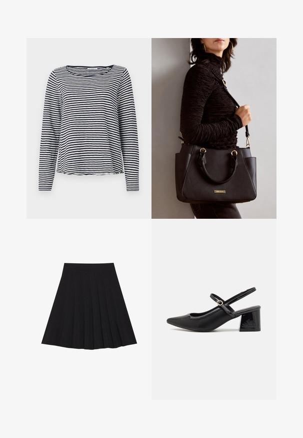 Dlouhý rukáv vrchní díl v námořnické modré a bílé pruhy, s kulatým výstřihem a uvolněným střihem. Vyrobeno z lehké, strukturované látky.; Černá plisovaná sukně vyrobená z texturované látky s dobře padnoucím pasem. Délka sukně je ke kolenům a má hladký, jednoduchý siluetu.; Černé lakované lodičky s otevřenou patou, špičatou špičkou, zaobleným střihem a blokovým podpatkem. Zdobené akcentem v zlatém tónu.; Černá kabelka s texturovaným povrchem, dvojitými horními uchy a nastavitelným ramenním popruhem. Obsahuje zlaté kovové prvky a boční kapsy.