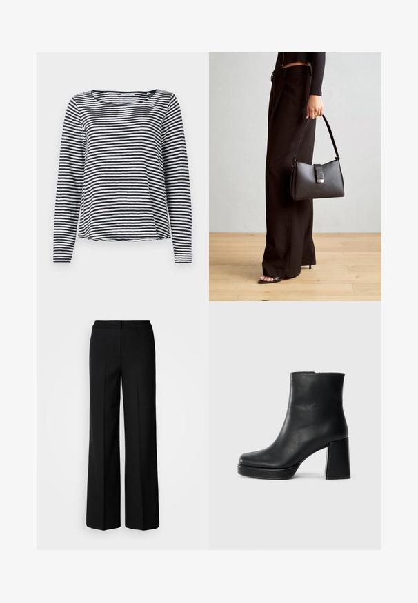 Long-sleeve top in navy and white stripes, featuring a round neckline and a relaxed fit. Made of a lightweight, textured fabric.; Black wide-leg trousers with a smooth fabric, featuring a high waist, tailored seams, and a minimalist design. No visible hardware or pockets.; Black leather ankle boot with a block heel and platform sole, viewed from the side on a plain white background.; Black handbag with structured shape, smooth texture, and a metallic clasp. Paired with wide black pants and open-toe sandals on wooden floor.