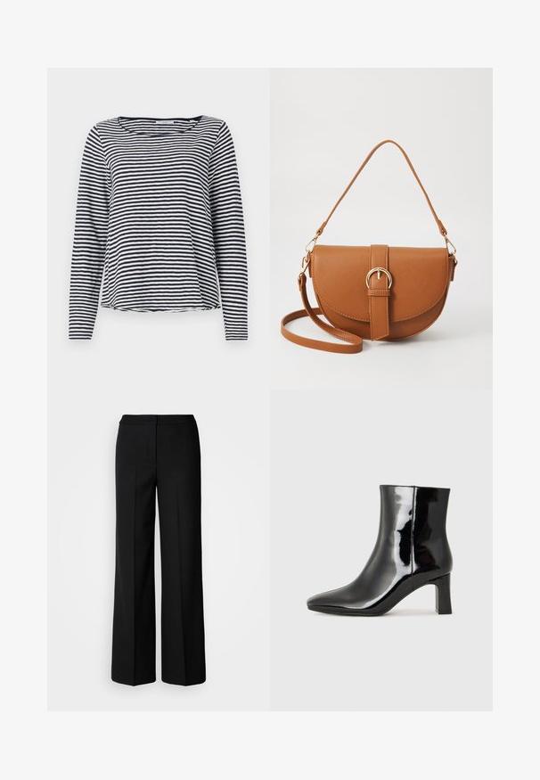 Langermet topp i marineblå og hvite striper, med rund hals og avslappet passform. Laget av et lett og teksturert stoff.; Svarte vide bukser med et glatt stoff, med høy livvidde, skreddersydde sømmer og et minimalistisk design. Ingen synlig maskinvare eller lommer.; Sorte patentlær ankle boot med spiss tå og en mellomhøy blokkhelt. Glatt tekstur og minimalistisk design.; Brun lærcrossbody-veske med en buet form, gullhardware og et spenneakcent. Har en avtakbar skulderreim.