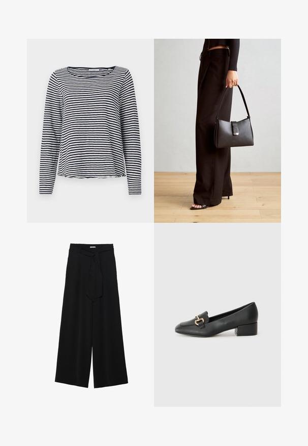 Hosszú ujjú póló tengerészkék és fehér csíkos mintával, kerek nyakkivágással és laza szabással. Könnyű, textúrált anyagból készült.; Fekete, bő szárú nadrág, texturált anyagból, rugalmas derékpánttal és levehető sállal a derekán, amely állítható illeszkedést biztosít.; Fekete bőr loaferek lapos talppal, dekoratív arany hardware részlettel az elején és sima felülettel.; Fekete kézi táska strukturált formával, sima textúrával és fémből készült záródással. Széles fekete nadrággal és nyitott orrú szandállal párosítva, fából készült padlón.