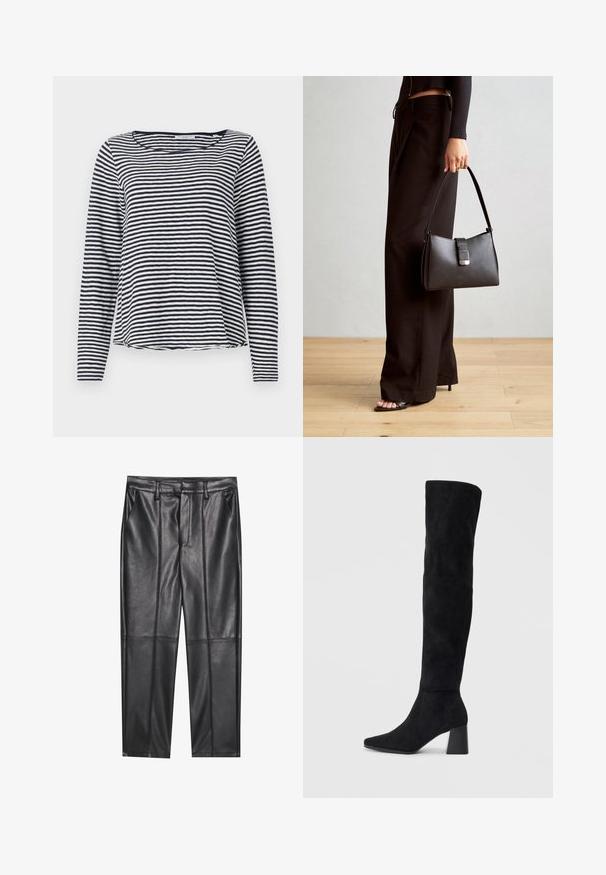 Långärmad topp i marinblå och vita ränder, med rund halsringning och avslappnad passform. Tillverkad av ett lätt, texturerat tyg.; Svarta läderbyxor med en slät textur, med rak passform, två framfickor och synliga sömdetaljer.; Svarta mocka knähöga stövlar med klack, spetsig tå och slät, sömlös design mot en ljus, enfärgad bakgrund.; Svart handväska med strukturerad form, slät yta och metallspänne. Matchad med vida svarta byxor och sandaler med öppen tå på trägolv.