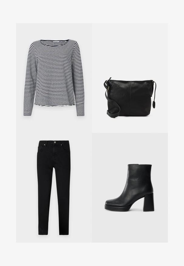 Langermet topp i marineblå og hvite striper, med rund hals og avslappet passform. Laget av et lett og teksturert stoff.; Sorte denim jeans med slank passform, med knappelukking foran, beltehemper og klassisk fem-lommers design. Glatt tekstur.; Sorte skinnankelsko med blokkhæl og plattformsåle, sett fra siden på en enkel hvit bakgrunn.; Svart skinn crossover-veske med flat form, gullfarge detaljer og justerbar stropp. Glatt tekstur med minimale sømmer.