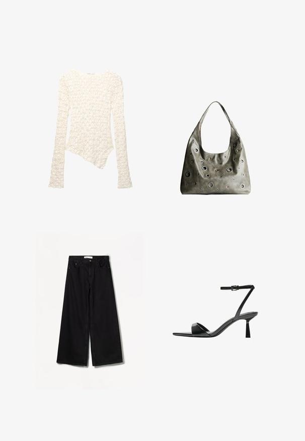 Witte gebreide trui met lange mouwen, bloemenpatroon en asymmetrische zoom.; Bershka WIDE-LEG - Wide leg - black; Bershka Sandalen met hoge hak - black; Olijfgroene leren handtas met een slungelig ontwerp, voorzien van rondvormige uitsparingen van verschillende groottes en accenten in donkerdere en lichtere tinten.