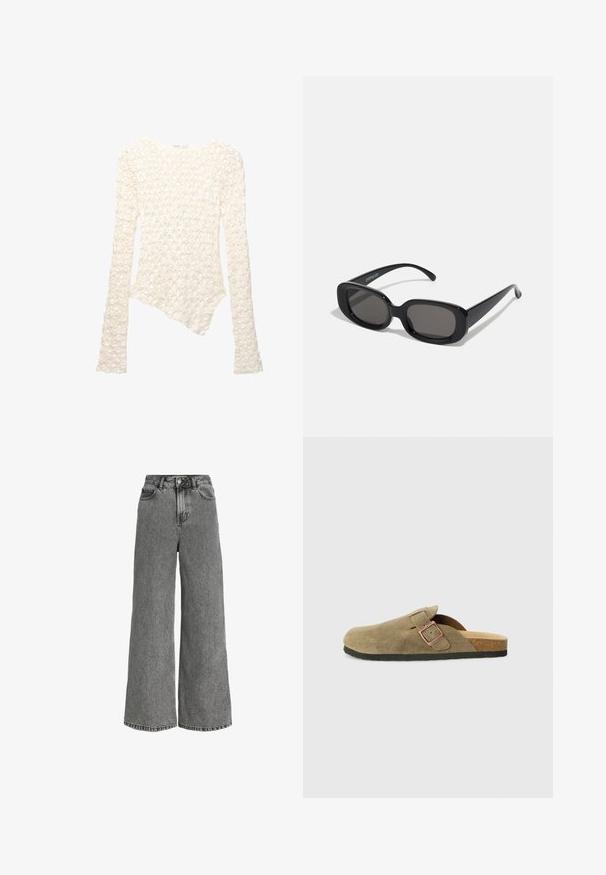 Valkoinen pitkähihaisen neulepusero, jossa on kukkakuosi ja epäsymmetrinen helma.; Farkut, joissa on leveät lahkeet harmaasta denimistä, korkea vyötärö, tavalliset taskut ja hillitty haalistunut kuvio. Raaka reunus alaosassa.; Oliivinvihreä mokkainen klompsutyylinen tohveli, jossa kapea remmi ja metallisolki. Sisältää korkkipohjan ja mustan kumipohjan.; Mustat suorakulmaiset aurinkolasit tummilla linsseillä. Paksu muovikehys, sileä pinta ja pyöristetyt reunat. Tyylikkäät templet ulottuvat ulospäin.; Musta nahkalaukku kaarevalla muotoilulla, jossa on ylhäältä avattava vetoketju, lyhyt kahva ja irrotettava olkahihna. Kulta koristelu.