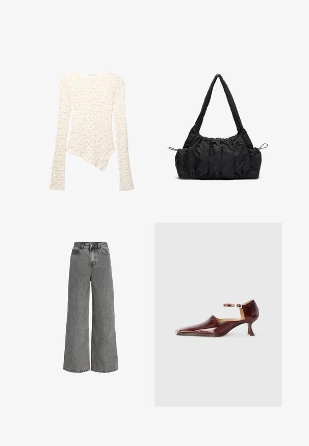 Weißer langärmeliger Strickpullover mit floralem Muster und asymmetrischem Saum.; Weite Jeans aus grauem Denim mit hoher Taille, Standardtaschen und einem subtilen verwaschenen Muster. Saum mit rohem Rand am unteren Ende.; Burgunderfarbenes Lackleder-Schuhwerk mit einer spitzen Zehe, Knöchelriemen und einem 5 cm hohen, konisch zulaufenden Absatz. Glatte Textur und minimalistisches Design.; Schwarze Stoffhandtasche mit geraffter Textur, zwei Schulterträgern und Kordelzugverschluss an den Seiten. Glattes, leichtes Material.