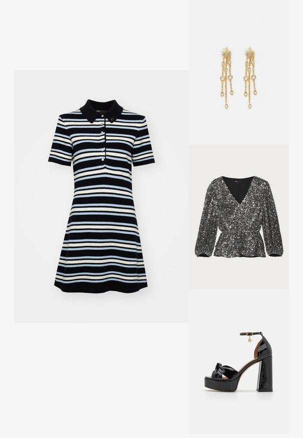 Black sequined blouse with a v-neckline, puffed sleeves, and gathered waistline. The texture is shimmering and patterned with sequins.; Short-sleeved polo dress with a fitted bodice and flared skirt, featuring navy, light blue, and white horizontal stripes, and three buttons.; Maje High heeled sandals - noir; Maje MISS MINI - Cross body bag - noir; Gold-tone earrings with multiple cascading chains, featuring clear oval rhinestone accents and decorative stud tops.