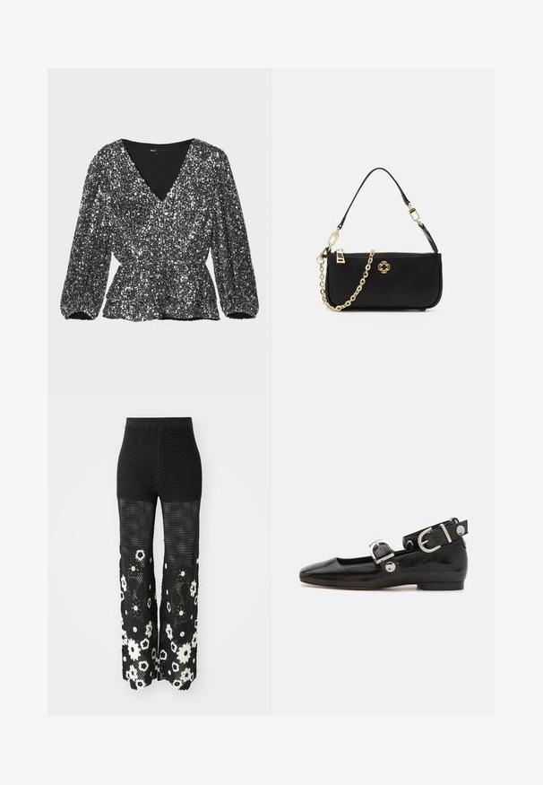 Czarna bluzka z cekinami, z dekoltem w kształcie litery V, bufiastymi rękawami i marszczoną talią. Tkanina jest błyszcząca i ozdobiona wzorami z cekinów.; Maje - Spodnie materiałowe; Czarne lakierowane baleriny z kwadratowym noskiem, z paskiem na kostkę z metalowymi elementami w kolorze srebrnym oraz płaską podeszwą. Gładka textura i minimalistyczny design.; Czarna torebka o gładkiej fakturze, z złotym łańcuchem na pasku, zamknięciem na zamek błyskawiczny oraz dekoracyjnym złotym emblematem z przodu.