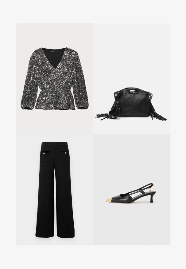 Svart paljettbluse med v-hals, puffede ærmer og rynket talje. Teksturen er glitrende og mønsteret er dekoreret med paljetter.; Svart vide bukser laget av teksturert stoff, med to frontlommer med svarte fløyelsdetaljer og detaljer med gullknapper.; Svarte skinn slingback-sko med spiss tå og gullmetallhette. Har utskjæringsdesign og en slank hæl med justerbar stropp.; Maje MISS MINI - Skulderveske - noir