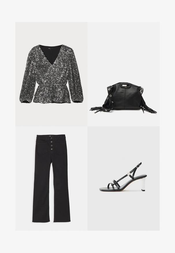 Zwarte pailletten blouse met een v-hals, puffed sleeves en een geplooide taille. De textuur is glanzend en heeft een patroon van pailletten.; Zwarte denim flared jeans met een hoge taille, vijf zakken en een sluiting met een voorkant met vier metalen knopen.; Zwarte hakken sandalen met meerdere smalle banden, een slingback ontwerp en een zilveren accent op de hak. Glad bovenmateriaal en vierkante hak.; Maje MISS MINI - Schoudertas - noir; Gouden oorbellen met meerdere waterval kettingen, voorzien van heldere ovale rhinestone accenten en decoratieve studs aan de bovenkant.