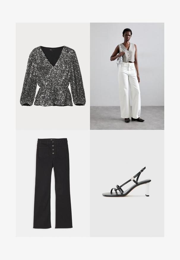 Blusa nera con paillettes, con scollatura a V, maniche a sbuffo e vita arricciata. La texture è scintillante e decorata con paillettes.; Jeans neri in denim a zampa d'elefante con vita alta, design a cinque tasche e chiusura frontale con quattro bottoni metallici.; Sandali neri con tacco alto caratterizzati da molteplici cinghie sottili, design slingback e un accento in argento sul tacco. Materiale superiore liscio e tacco quadrato.; Gilet grigio corto con bottoni, abbinato a jeans bianchi a gamba larga e scarpe basse nere. Accessoriato con una piccola borsa argento con frange.