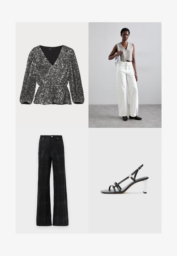 Juodas blizgantis bluzonas su V formos iškirpte, pūstomis rankovėmis ir surinkta juosmens linija. Audinys blizga ir yra dekoruotas blizgučiais.; Juodos plačios kelnės su tekstūruota danga, turinčios blizgantį raštą. Užbaigtos standartiniu juosmeniu ir metaliniais mygtukais.; Juodi suknelės sandalai su keliais siaurais dirželiais, slingback dizainas ir sidabro akcentu ant kulno. Lygus viršutinis medžiagos paviršius ir kvadratinis kulnas.; Pilkas trumpas liemeniukas su sagomis, derinamas su baltomis plačiomis kelnėmis ir juodais butais be kulno. Papuoštas mažąja sidabrine frakcionuotų rankinuke.