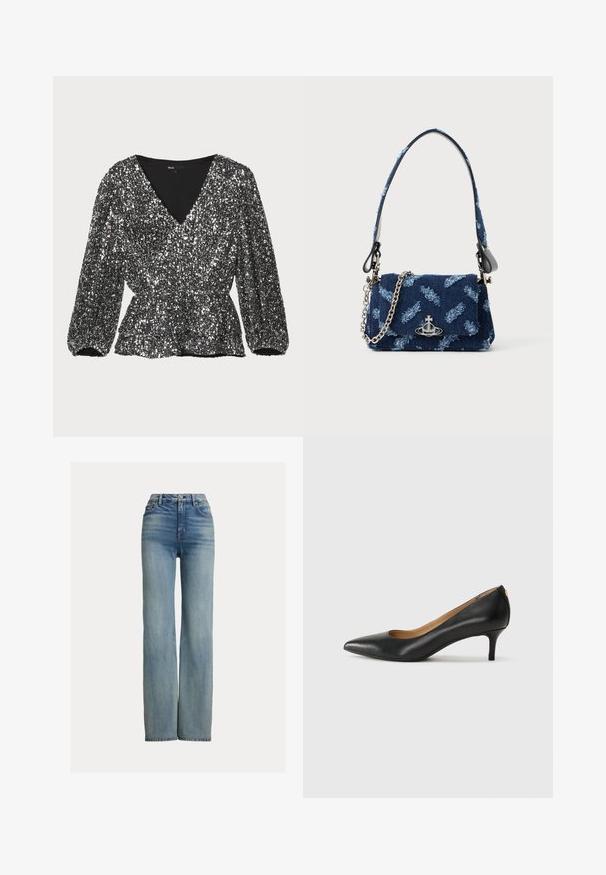 Svart paljettbluse med v-hals, puffede ærmer og rynket talje. Teksturen er glitrende og mønsteret er dekoreret med paljetter.; Høytlivs, rett bént blå jeans med frontlommer, beltehemper og knappeåpning, med subtil falming.; Sorte lærpumpe med spiss tå, lav hæl og en glatt tekstur. Har en liten åpning foran og minimalt med beslag bak.; Mørkeblå stoffhåndveske med teksturdesign, sølvfarge detaljer og avtakbar kjedehank. Har klaffelukking og logoakcent.