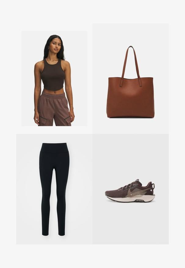 Hnedý rebrovaný crop top s okrúhlym výstrihom a minimálnymi švami, skombinovaný so svetlohnedými nohavicami s bočnými vreckami a elastickým pásom.; Čierne legíny vyrobené z elastického materiálu s vysokým pásom. Hladká textúra, priliehavý strih a žiadne viditeľné ozdoby alebo vzory.; Tmavohnedá bežecká obuv s textúrovaným sieťovým zvrškom, kontrastnými svetlohnedými akcentmi, segmentovanou podrážkou a reflexnými detailmi.; Hnedá kožená taška na rameno s hladkou textúrou, otvoreným vrchom a dvoma ramenými popruhmi. Má minimálne šitia a žiadne viditeľné kovania.