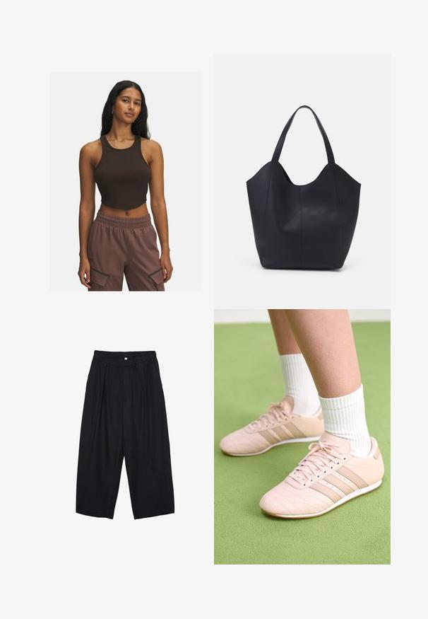 Brun rippad croptop med rund halsringning och minimala sömmar, tillsammans med ljusbruna byxor med sidofickor och elastiskt midjeband.; Svarta polyester culottbyxor med elastisk midja, två framfickor och en lös silhuett. Inga synliga mönster eller hårdvarudetaljer.; Ljusrosa sportskor med diagonala sömmar, vita sulor och tre sidostrikar. Bärs tillsammans med ribbade vita strumpor på grön yta.; Svart tote-väska i slät läder, med en böjd, öppen topp, två axelremmar och en minimalistisk design.